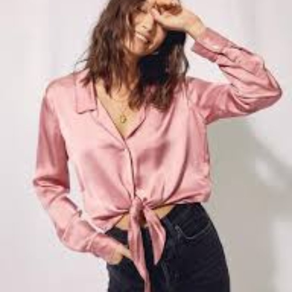 ARITZIA Wilfred Tie-Front Satin Cropped Blouse (Pink)